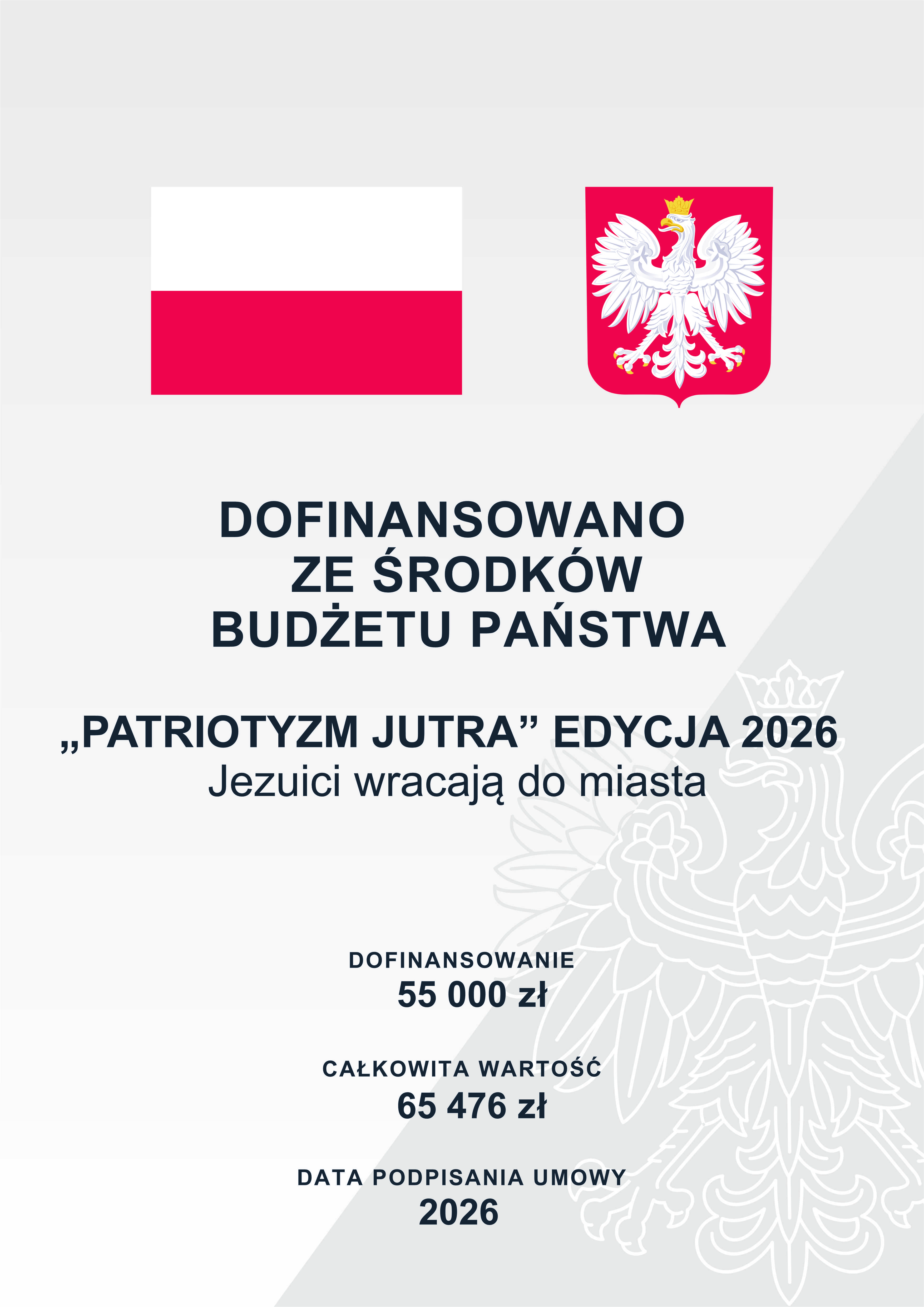 Grafika informacyjna dotycząca dofinansowania ze środków budżetu państwa. U góry znajdują się flaga Polski oraz godło państwowe. Centralnie umieszczono napis: ?Dofinansowano ze środków budżetu państwa?. Poniżej tytuł projektu: ?Patriotyzm Jutra? edycja 2026 oraz podtytuł ?Jezuici wracają do miasta?. W dolnej części podano kwotę dofinansowania: 55 000 zł, całkowitą wartość projektu: 65 476 zł oraz datę podpisania umowy: 2026. Tło jest jasnoszare z dużym, półtransparentnym motywem orła.
